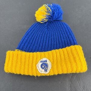 VTG 70s 80s Los Angeles Rams Knit Beanie NFL Blue Yellow Pom Hat Wigwam Made USA